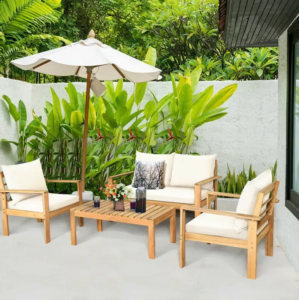 Outdoor 4 Pieces Acacia Wood Chat Set with Water Resistant Cushions