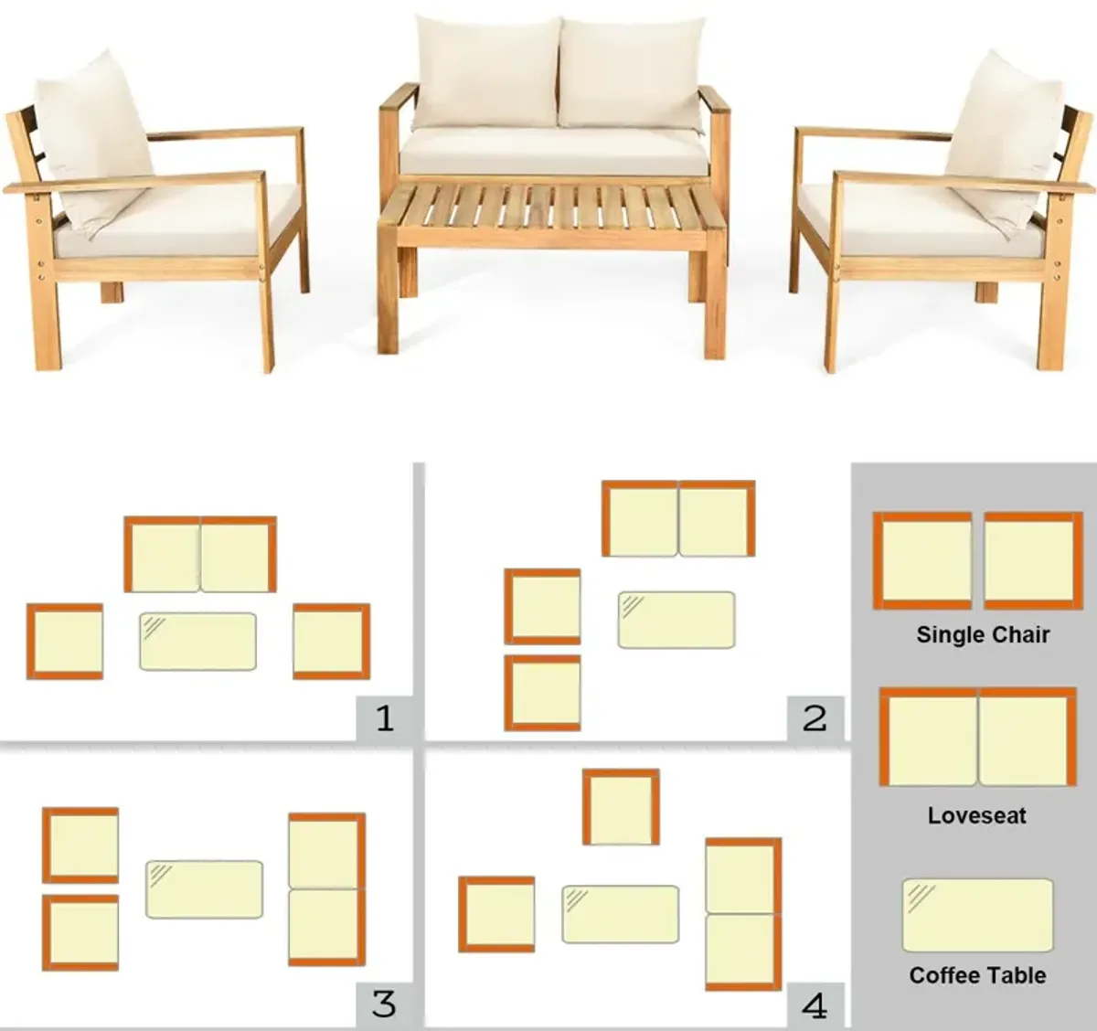 Outdoor 4 Pieces Acacia Wood Chat Set with Water Resistant Cushions