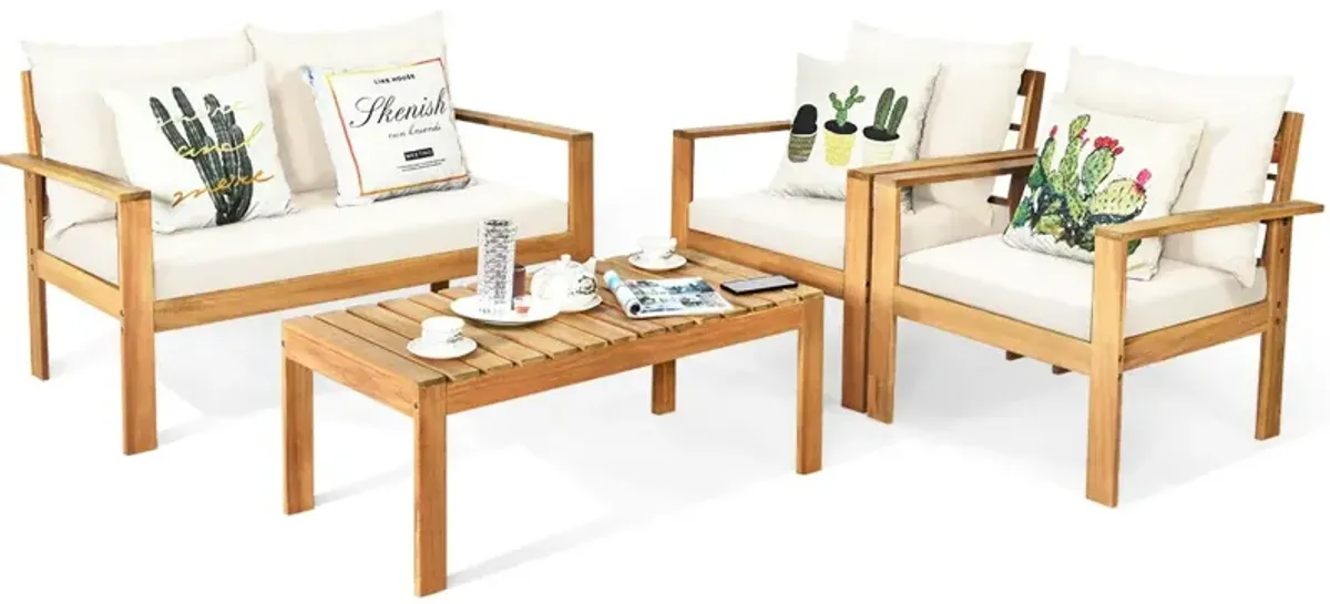 Outdoor 4 Pieces Acacia Wood Chat Set with Water Resistant Cushions