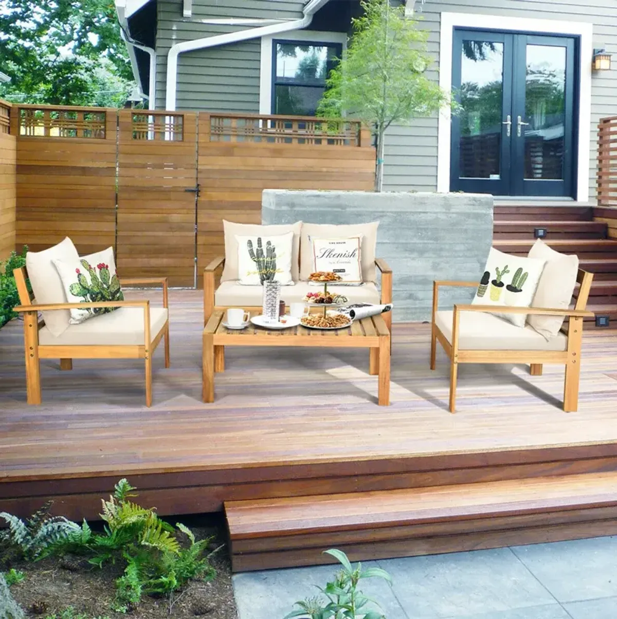 Outdoor 4 Pieces Acacia Wood Chat Set with Water Resistant Cushions