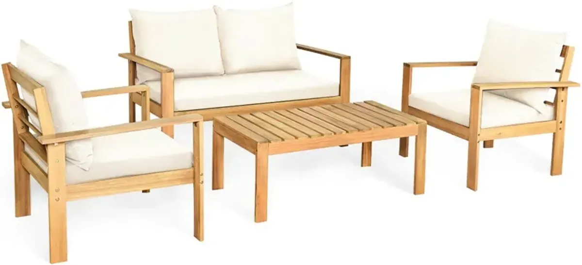 Outdoor 4 Pieces Acacia Wood Chat Set with Water Resistant Cushions