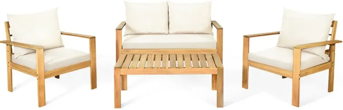 Outdoor 4 Pieces Acacia Wood Chat Set with Water Resistant Cushions