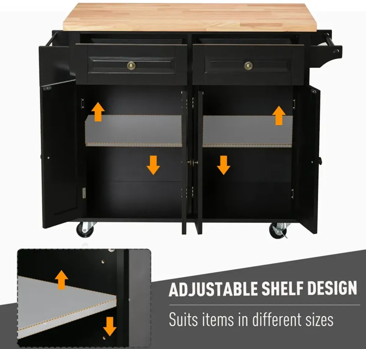 Black Kitchen Island: Cart with Varnished Rubberwood Top and Casters