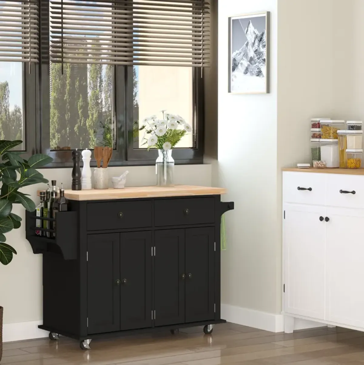 Black Kitchen Island: Cart with Varnished Rubberwood Top and Casters