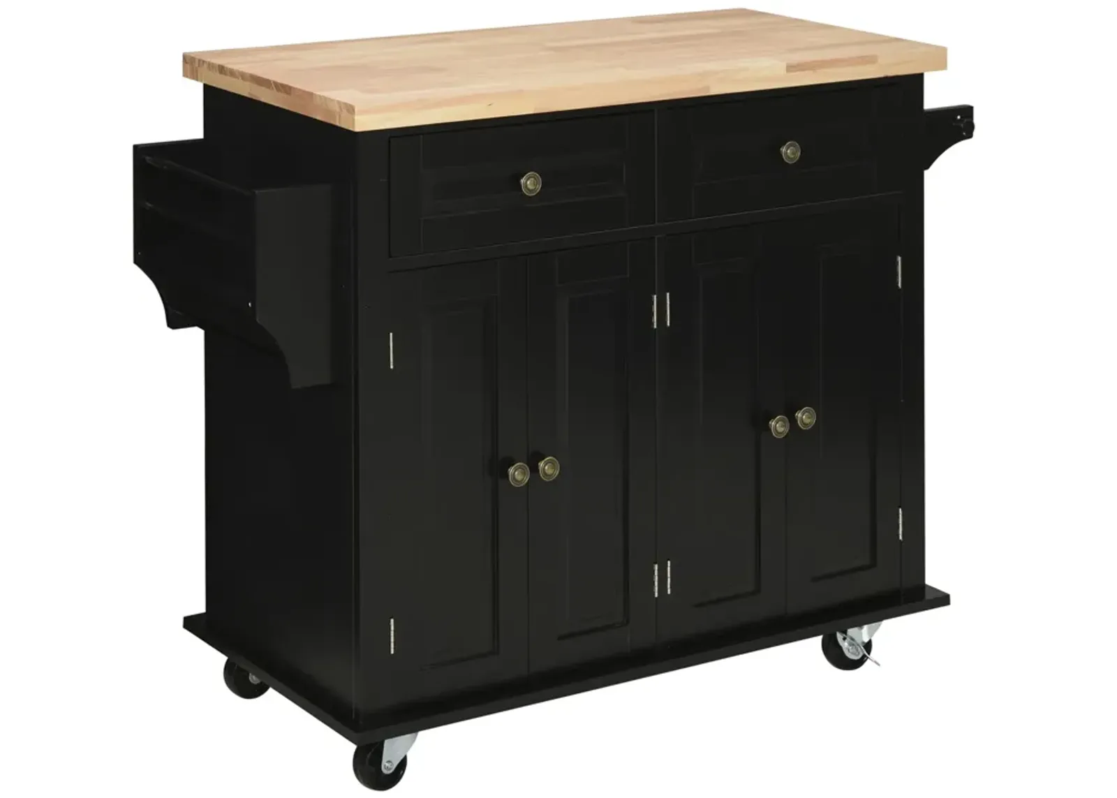 Black Kitchen Island: Cart with Varnished Rubberwood Top and Casters