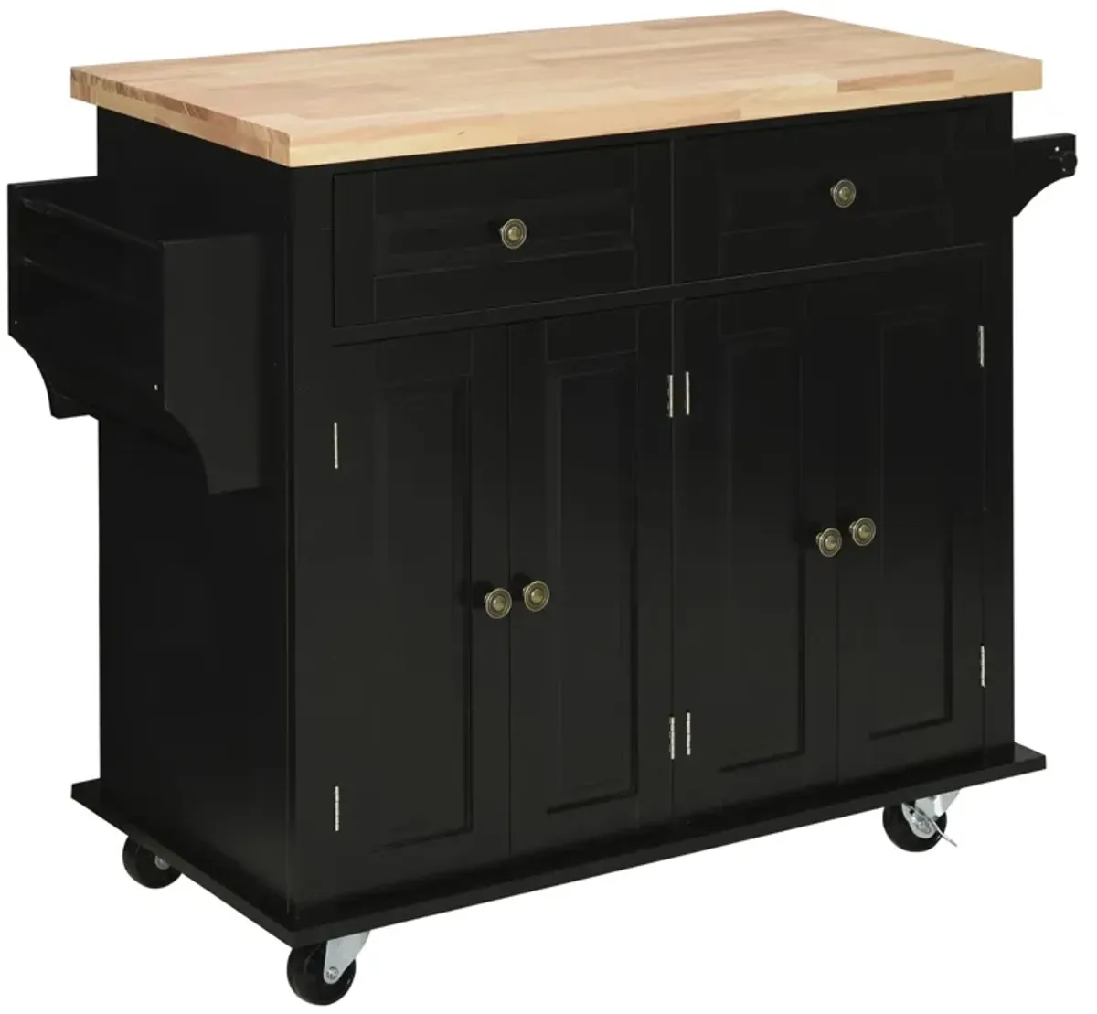 Black Kitchen Island: Cart with Varnished Rubberwood Top and Casters