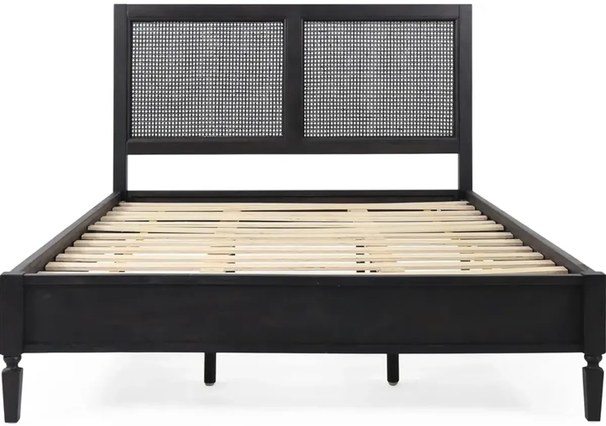 Queen Bed, Cane Rattan Upholstered Headboard, Dark Gray Acacia Wood - Benzara