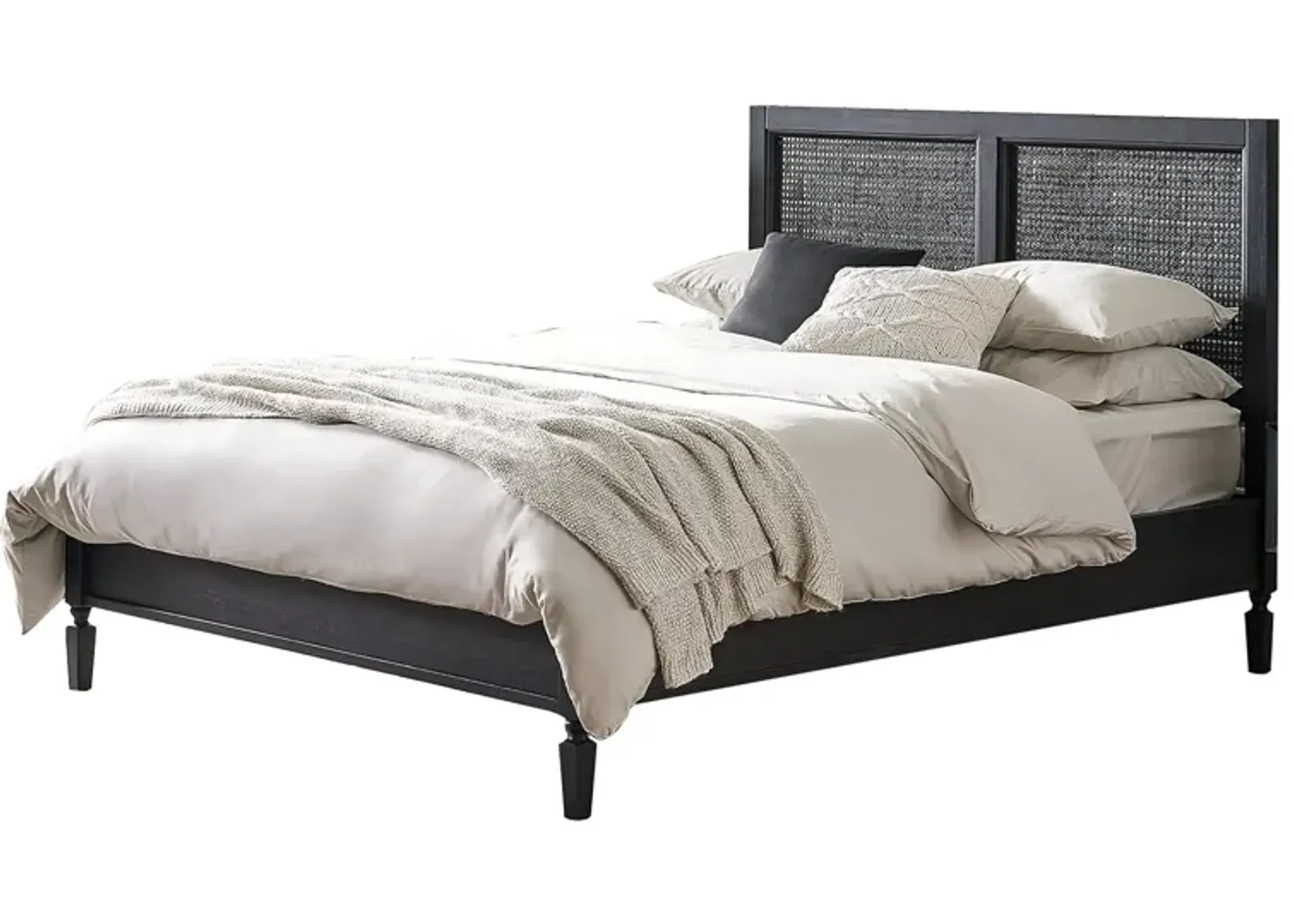 Queen Bed, Cane Rattan Upholstered Headboard, Dark Gray Acacia Wood - Benzara