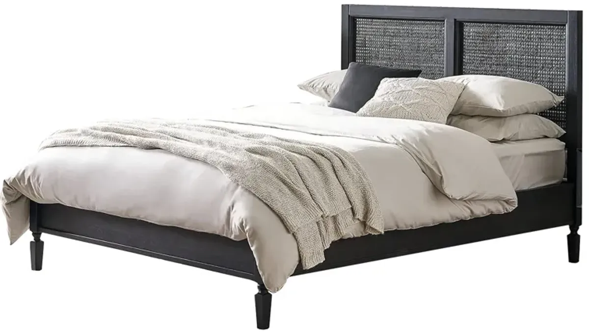 Queen Bed, Cane Rattan Upholstered Headboard, Dark Gray Acacia Wood - Benzara