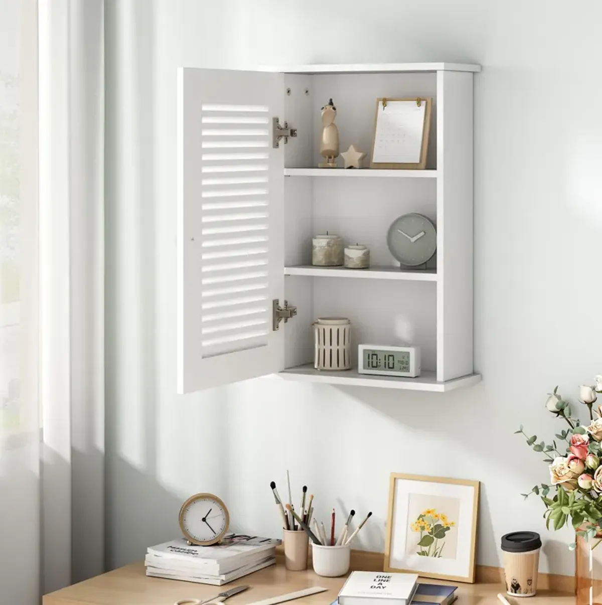 Jaxpety Hanging Cabinet with Louvered Doors White