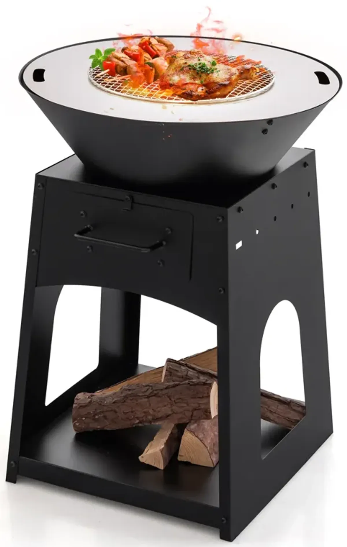 Patio Fire Pit with Firewood Log Rack with Grill and Ash Box-Black