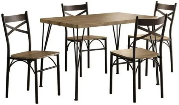 Leba 5 Piece Dining Table Set, 4 Chairs, Brown Wood Seat, Bronze Metal Legs - Benzara