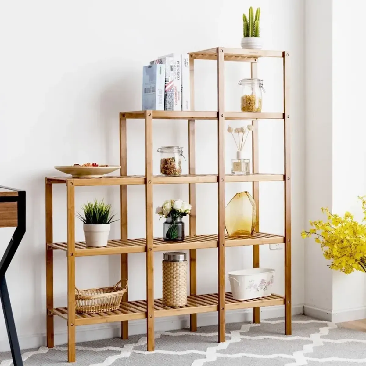 Bamboo Wood 5 Tier Versatile Bookcase Plant Stand Storage Rack