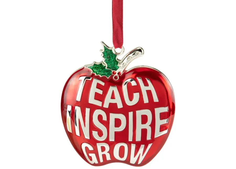 3.25" Red Silver Plated Apple Teacher Christmas Ornament with European Crystals