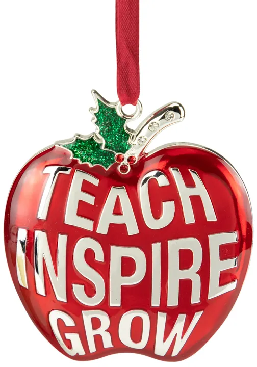 3.25" Red Silver Plated Apple Teacher Christmas Ornament with European Crystals