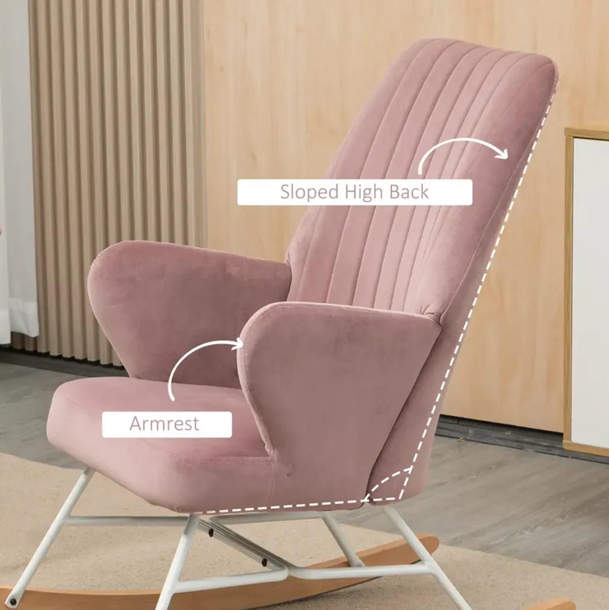 HOMCOM Accent Rocking Chairs, Upholstered Nursery Glider Rocker, Modern Armchair, Wingback Chair for Living Room and Bedroom, Pink