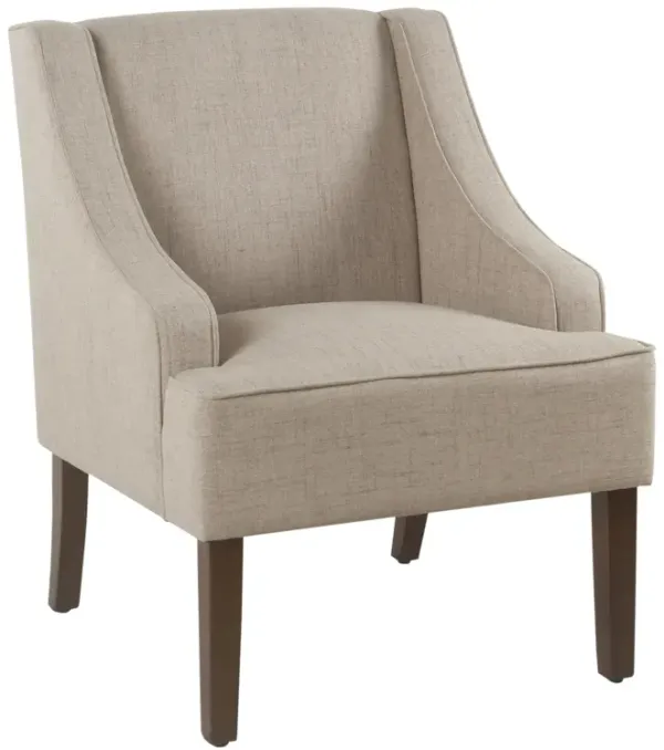 Fabric Upholstered Wooden Accent Chair with Swooping Armrests, Beige and Brown - Benzara