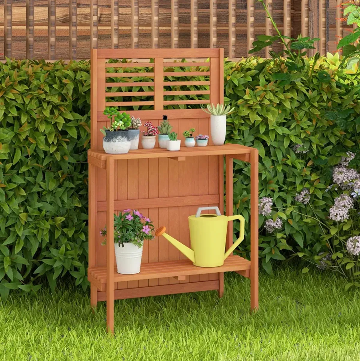 Folding Garden Potting Bench with 2-tier Storage Shelves and Teak Oil Finish for Garden Yard Balcony