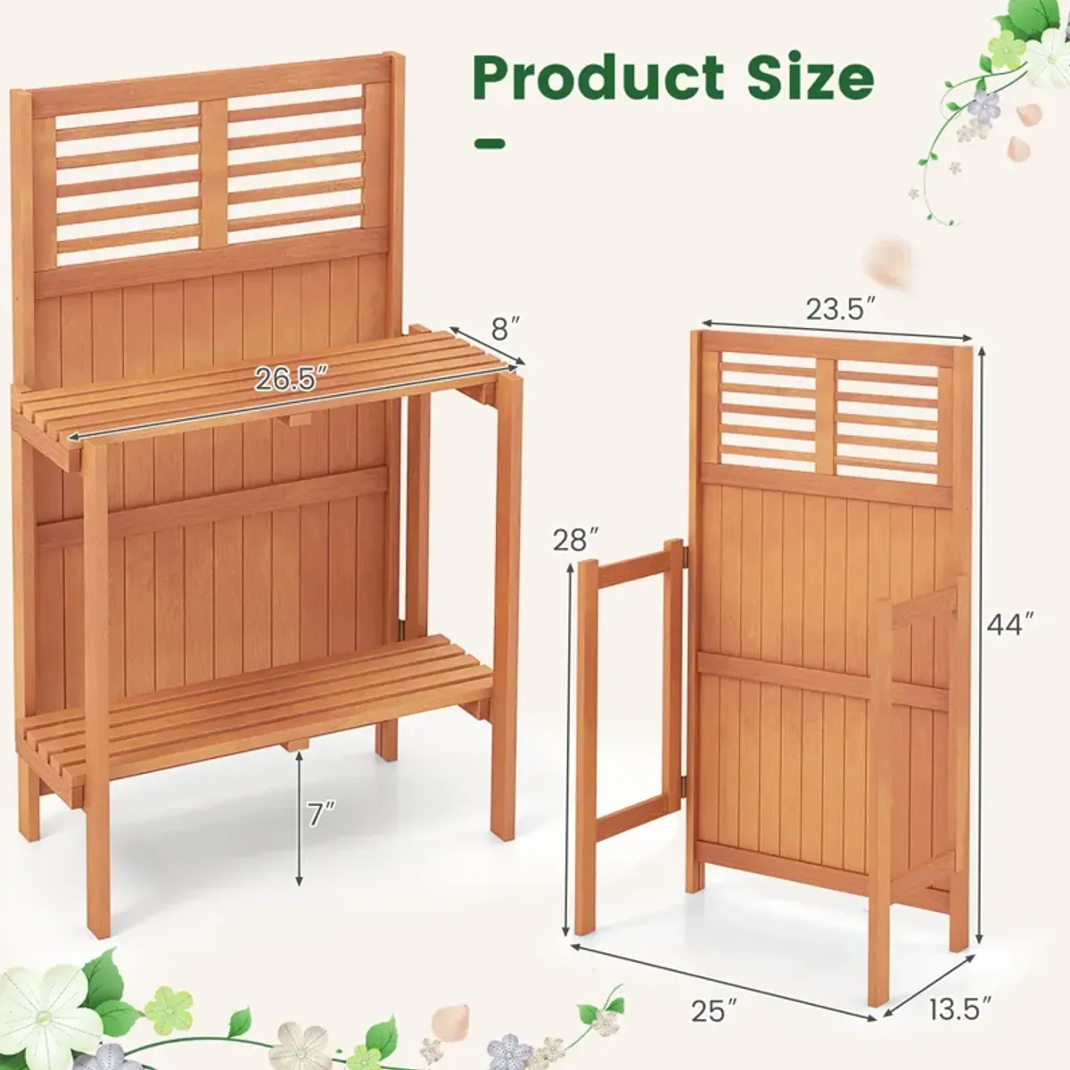 Folding Garden Potting Bench with 2-tier Storage Shelves and Teak Oil Finish for Garden Yard Balcony