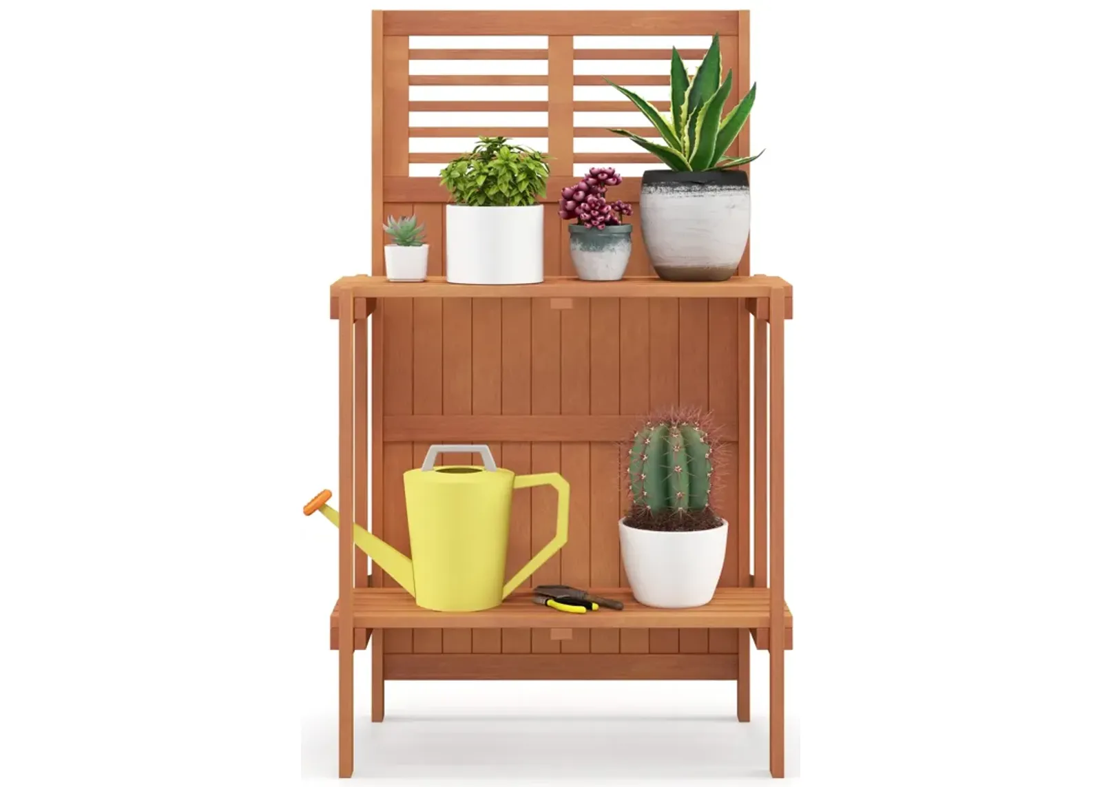 Folding Garden Potting Bench with 2-tier Storage Shelves and Teak Oil Finish for Garden Yard Balcony