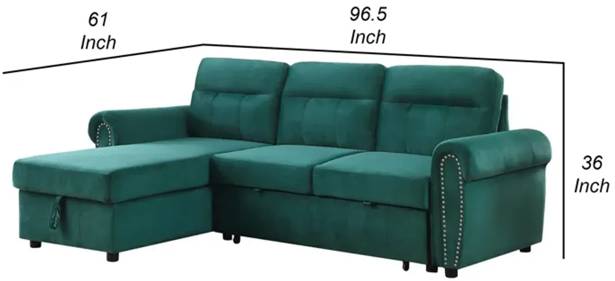 Irma 97 Inch 2 Piece Sectional Sofa, Pull Out Bed, Rolled Arm, Green Velvet-Benzara