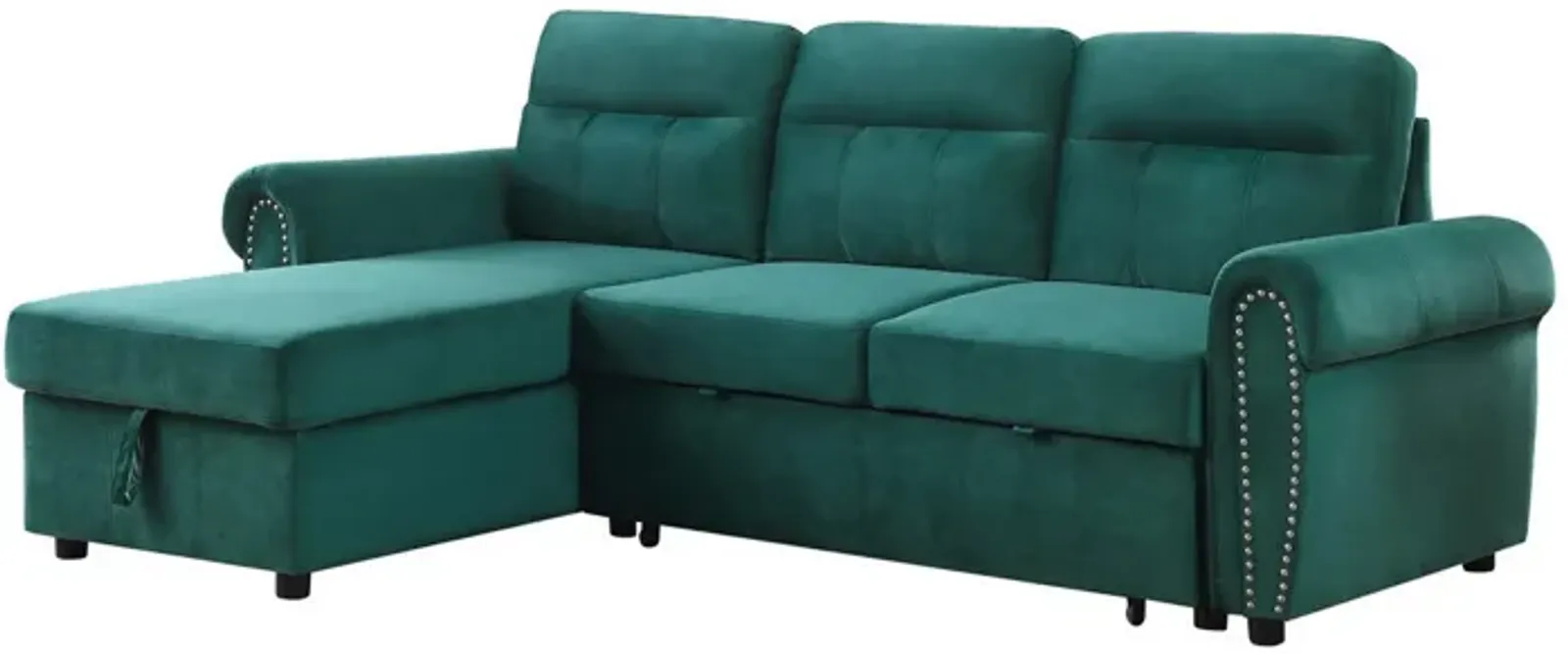 Irma 97 Inch 2 Piece Sectional Sofa, Pull Out Bed, Rolled Arm, Green Velvet-Benzara