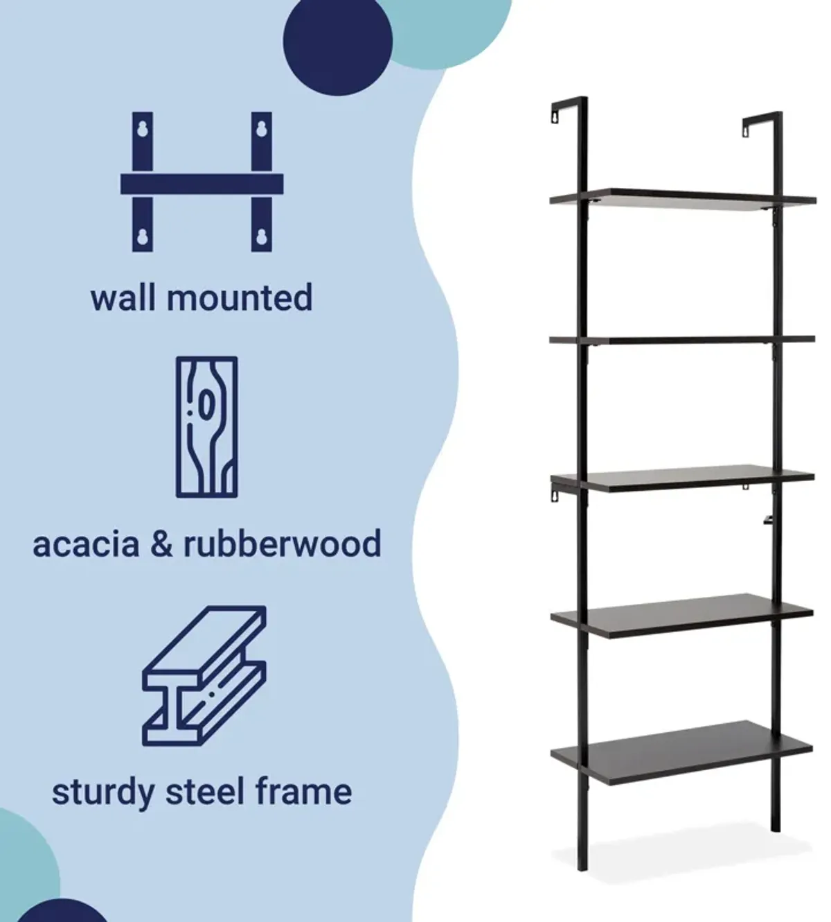 Madera  Industrial 5-Shelf Wood Wall-Mounted Open Ladder Bookcase