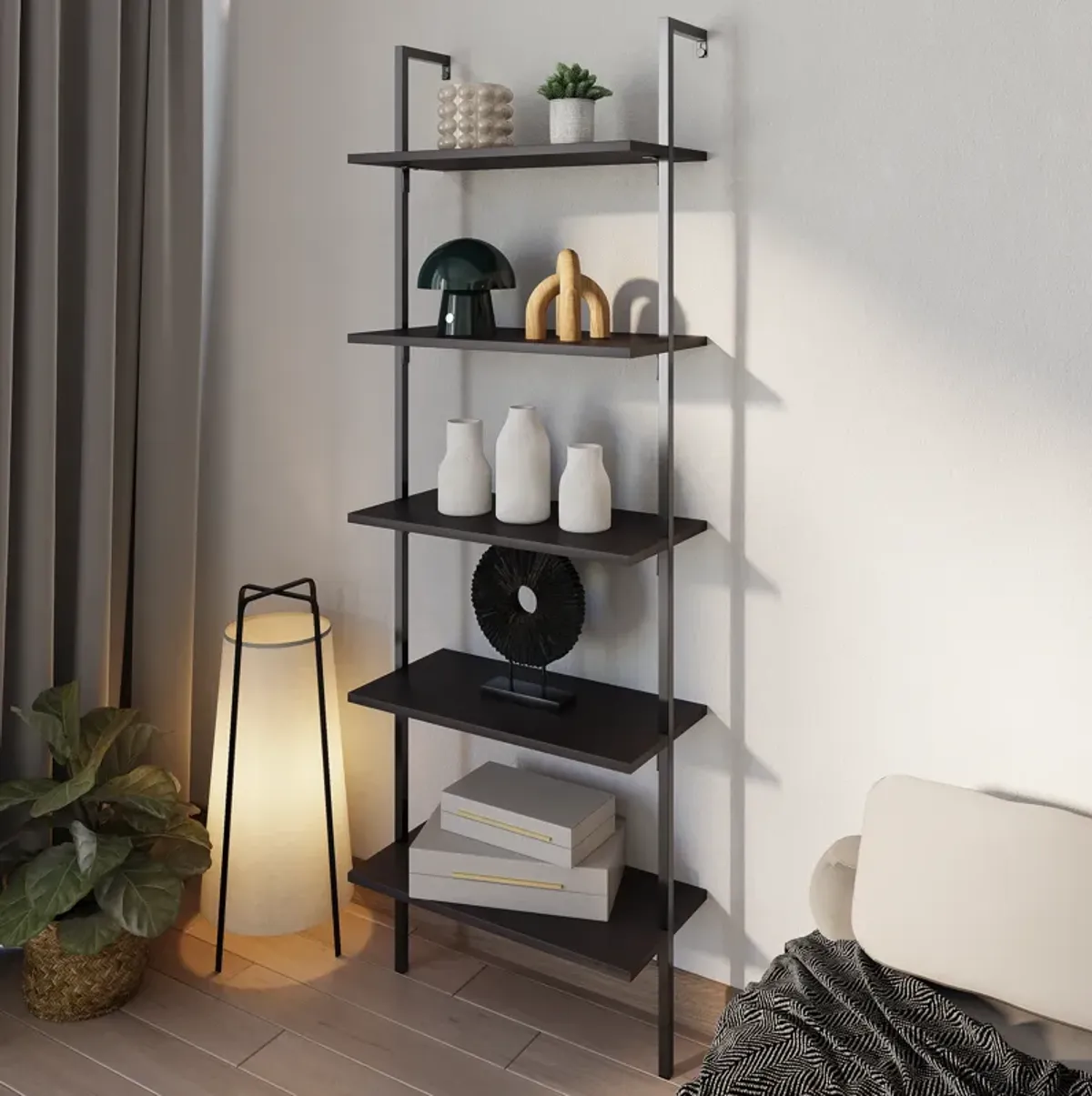 Madera  Industrial 5-Shelf Wood Wall-Mounted Open Ladder Bookcase