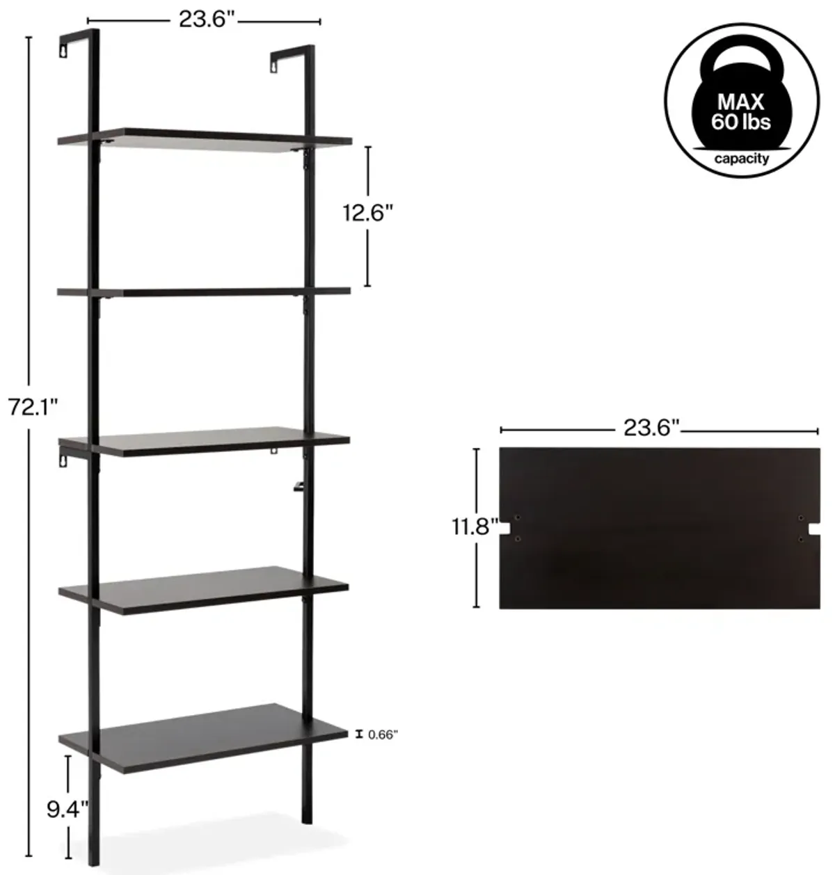 Madera  Industrial 5-Shelf Wood Wall-Mounted Open Ladder Bookcase