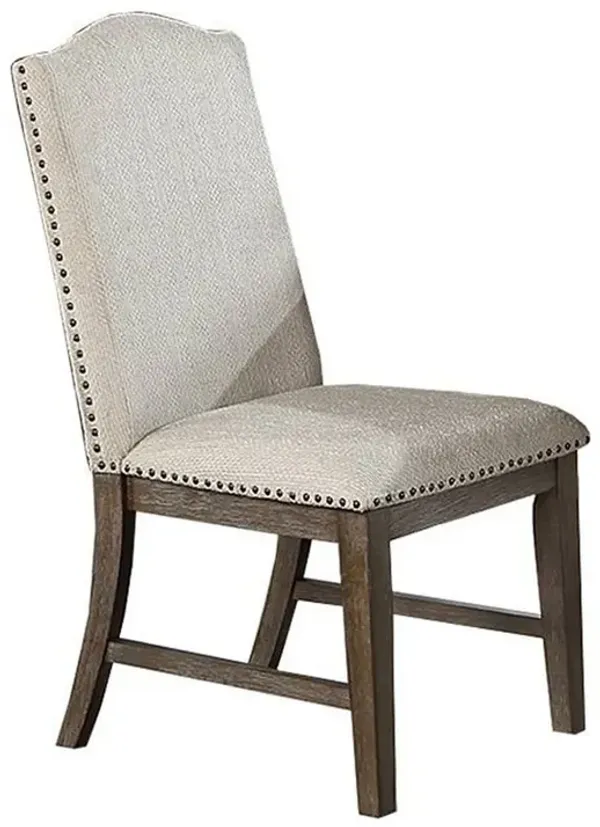 Alex Dining Side Chair Set of 2, High Back, Nailhead Brown Wood, Beige - Benzara