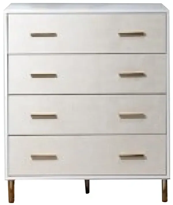 Emily 37 Inch Wood Tall Dresser Chest, 4 Drawers, Gold Handles, White - Benzara