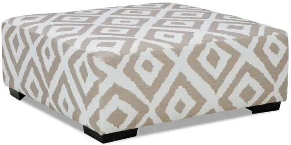 Laila Ottoman, Geometric Design, 41 Inch Light Brown and Ivory Chenille
