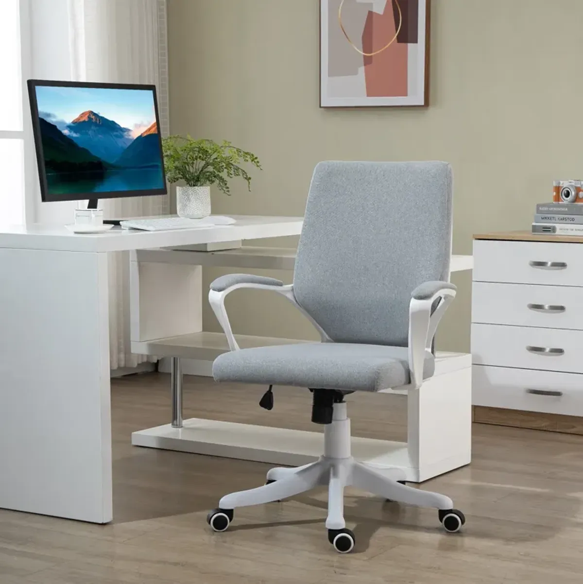 Grey Office Comfort: Mid Back Ergonomic Chair with Padded Armrests