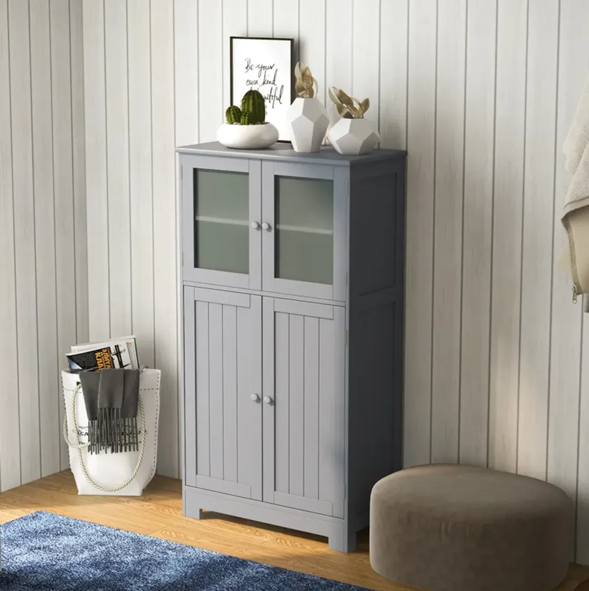 Bathroom Floor Storage Locker Kitchen Cabinet with Doors and Adjustable Shelf