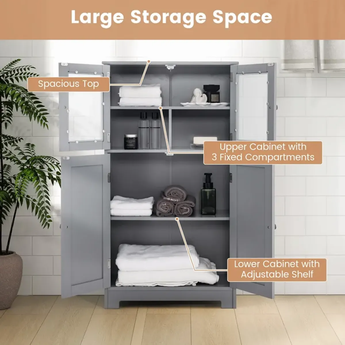 Bathroom Floor Storage Locker Kitchen Cabinet with Doors and Adjustable Shelf