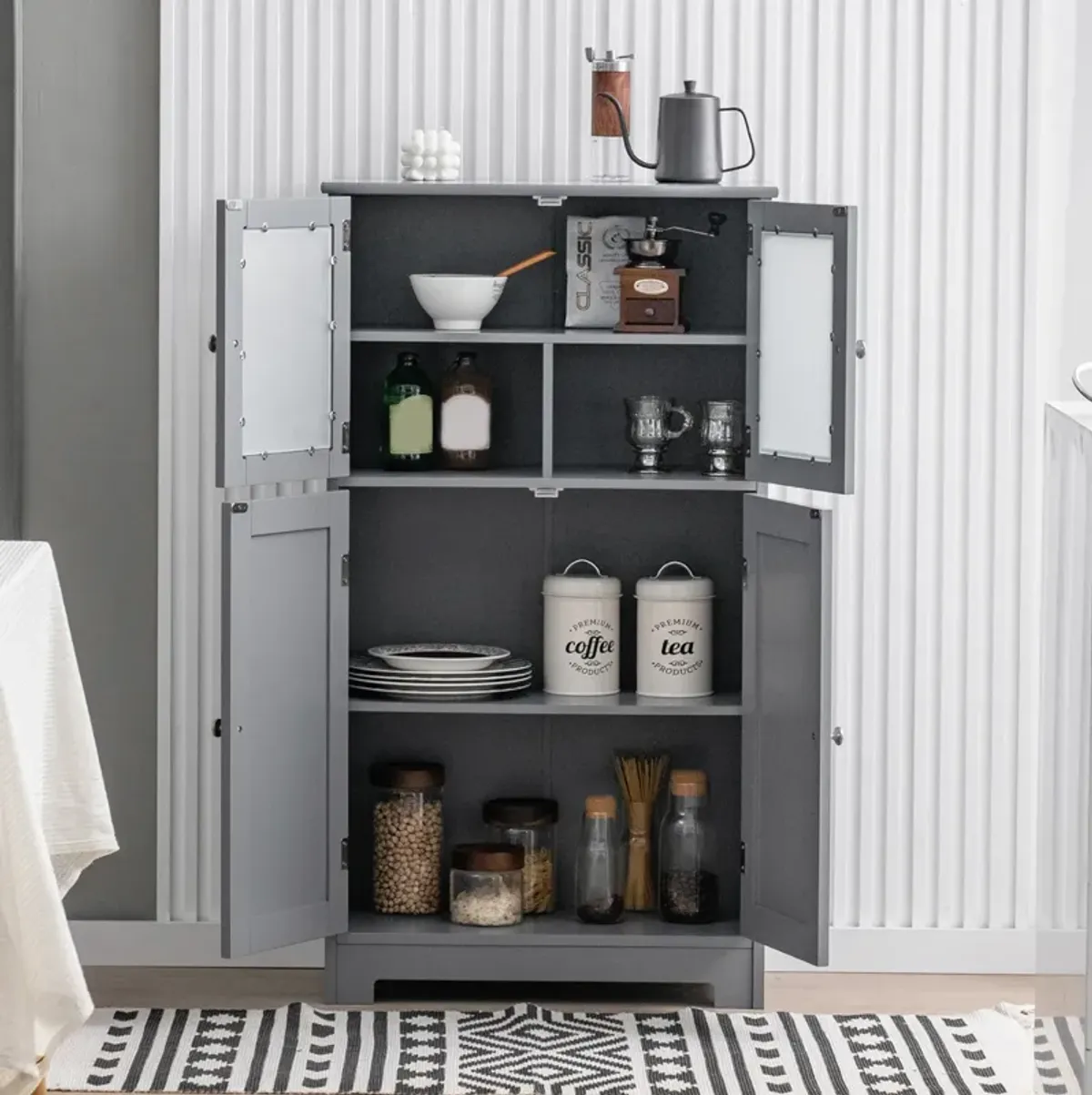 Bathroom Floor Storage Locker Kitchen Cabinet with Doors and Adjustable Shelf