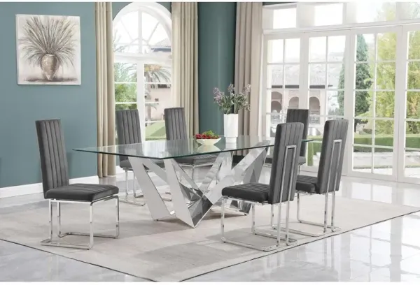 7pc Large(94") glass top dining set with silver base and 6 Dark grey side chairs