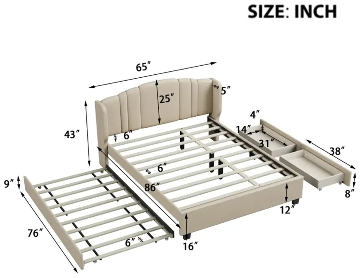 Merax Linen Platform Bed with Twin Trundle and Drawers