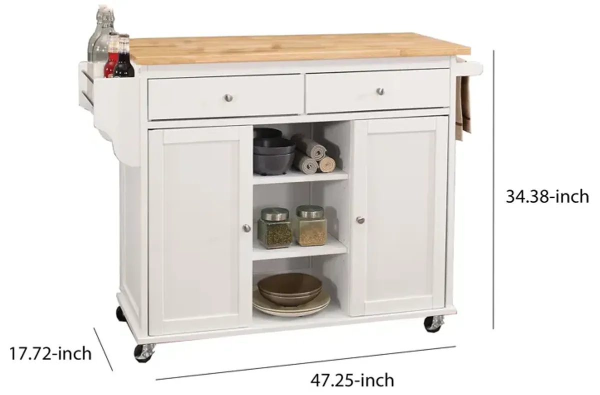 Wood Kitchen Cart, 2 Door Cabinet, Natural Brown, White-Benzara