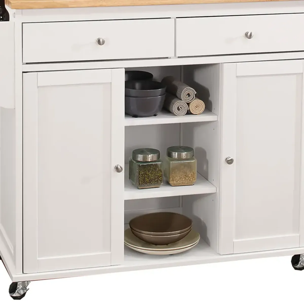 Wood Kitchen Cart, 2 Door Cabinet, Natural Brown, White-Benzara