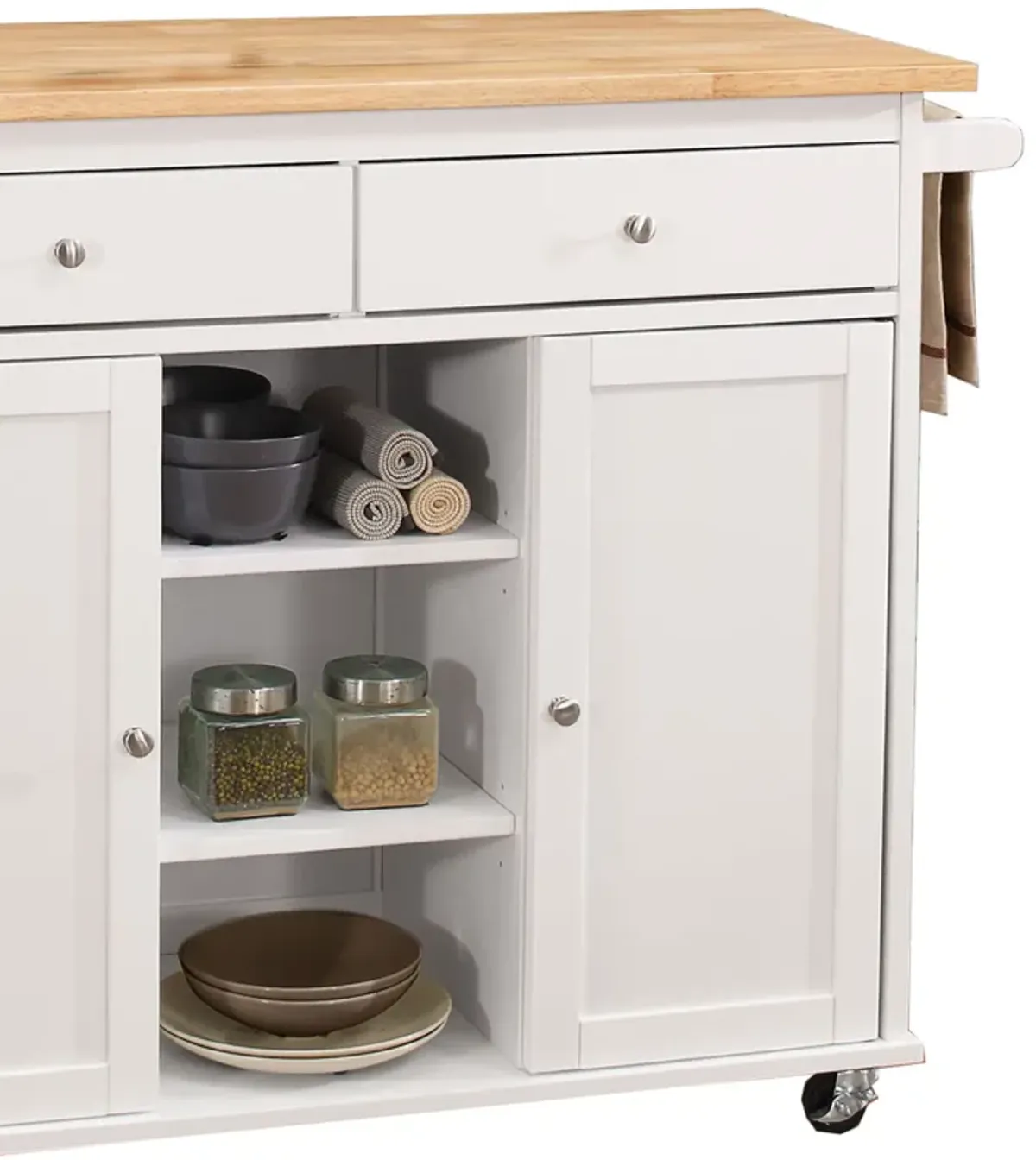 Wood Kitchen Cart, 2 Door Cabinet, Natural Brown, White-Benzara