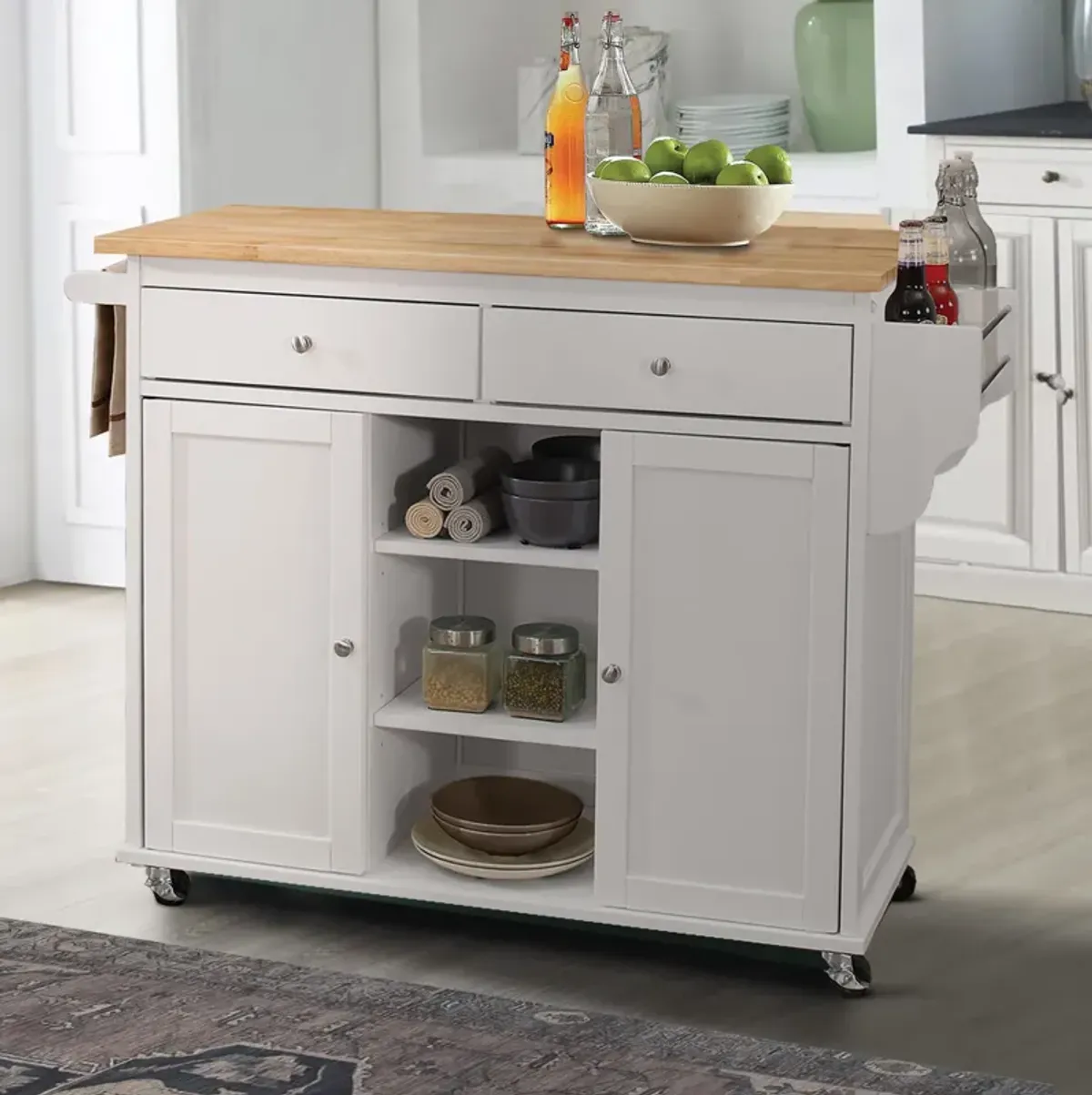 Wood Kitchen Cart, 2 Door Cabinet, Natural Brown, White-Benzara