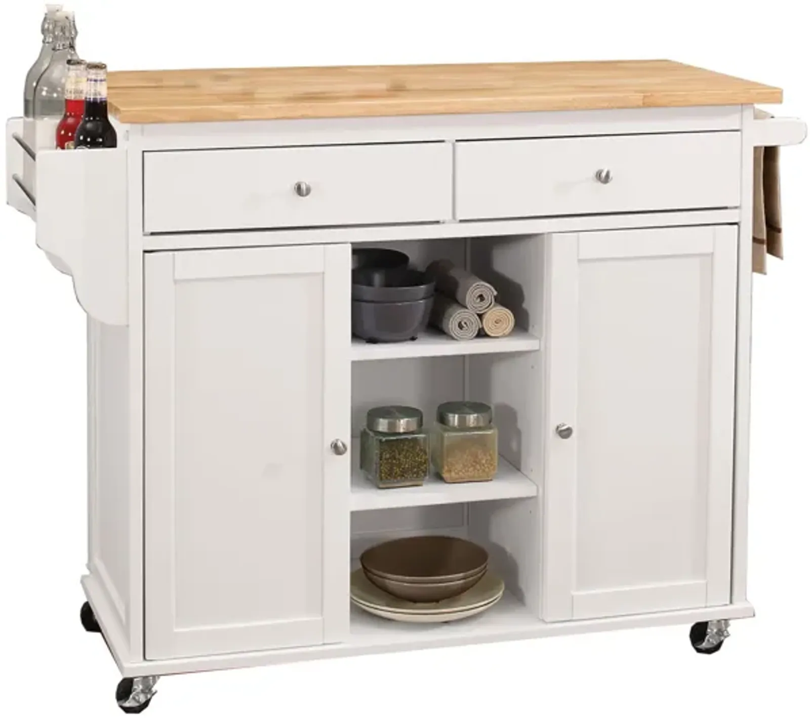 Wood Kitchen Cart, 2 Door Cabinet, Natural Brown, White-Benzara