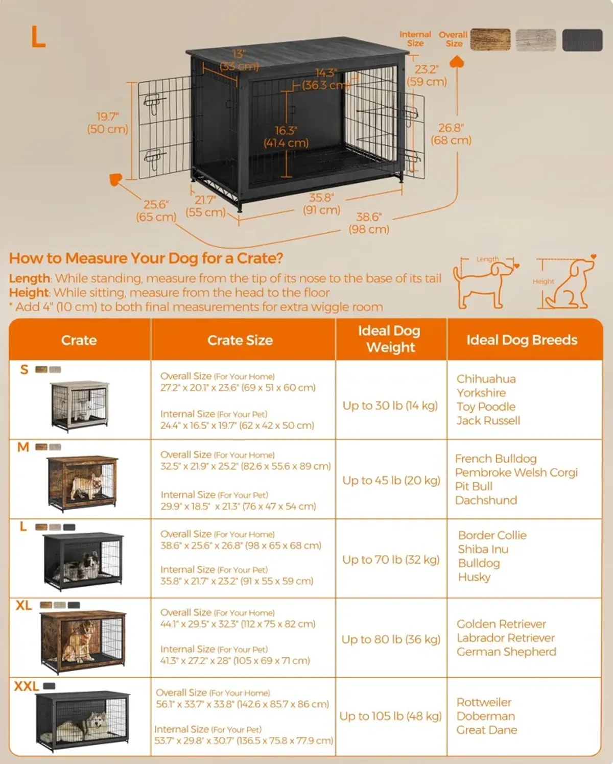 Wooden Dog Crate End Table - Indoor Pet Crate with Removable Tray