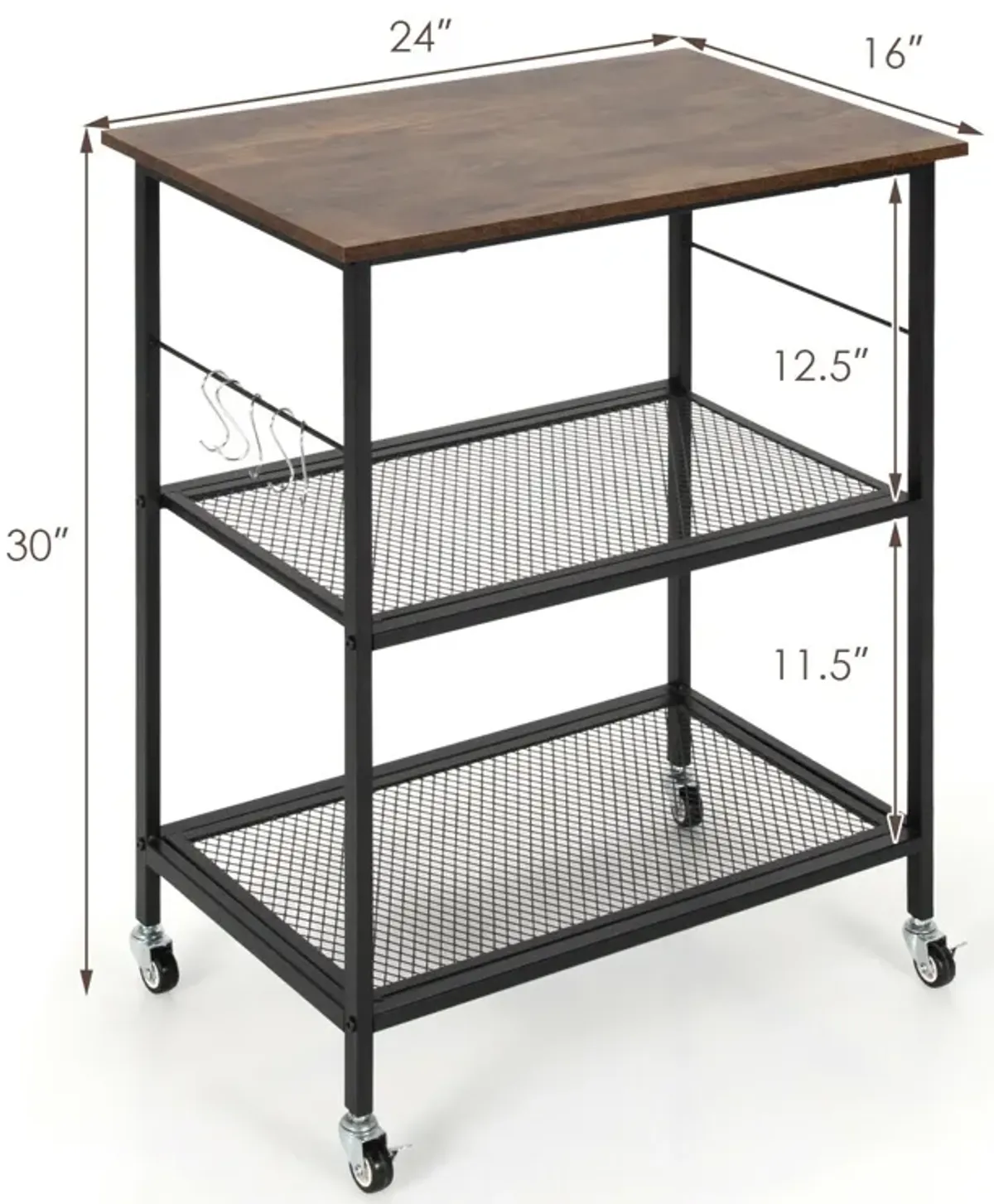 3-Tier Kitchen Serving Cart Utility Standing Microwave Rack with Hooks Brown