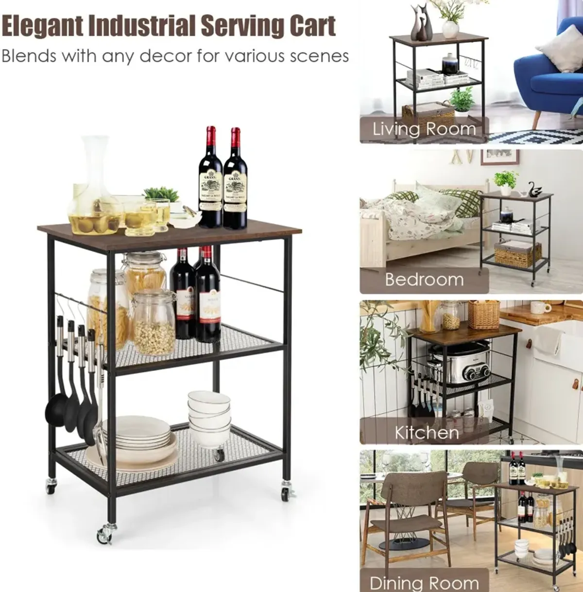 3-Tier Kitchen Serving Cart Utility Standing Microwave Rack with Hooks Brown