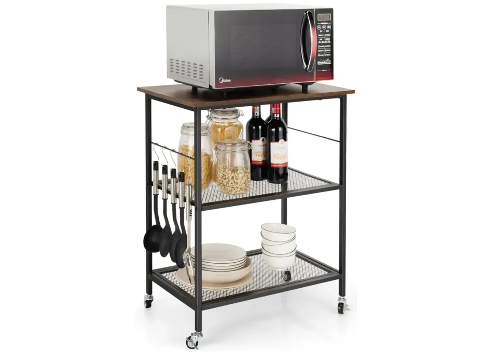 3-Tier Kitchen Serving Cart Utility Standing Microwave Rack with Hooks Brown