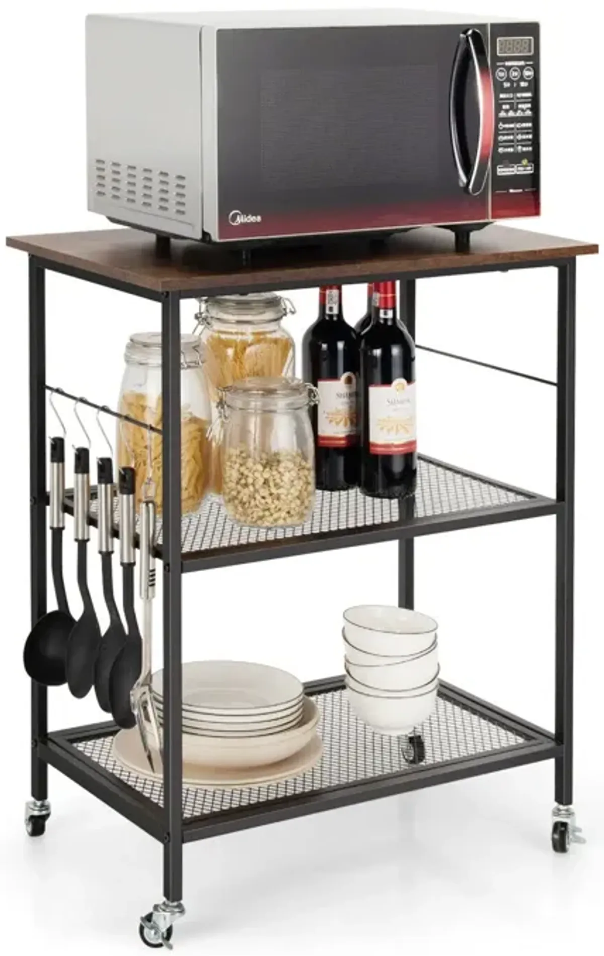 3-Tier Kitchen Serving Cart Utility Standing Microwave Rack with Hooks Brown