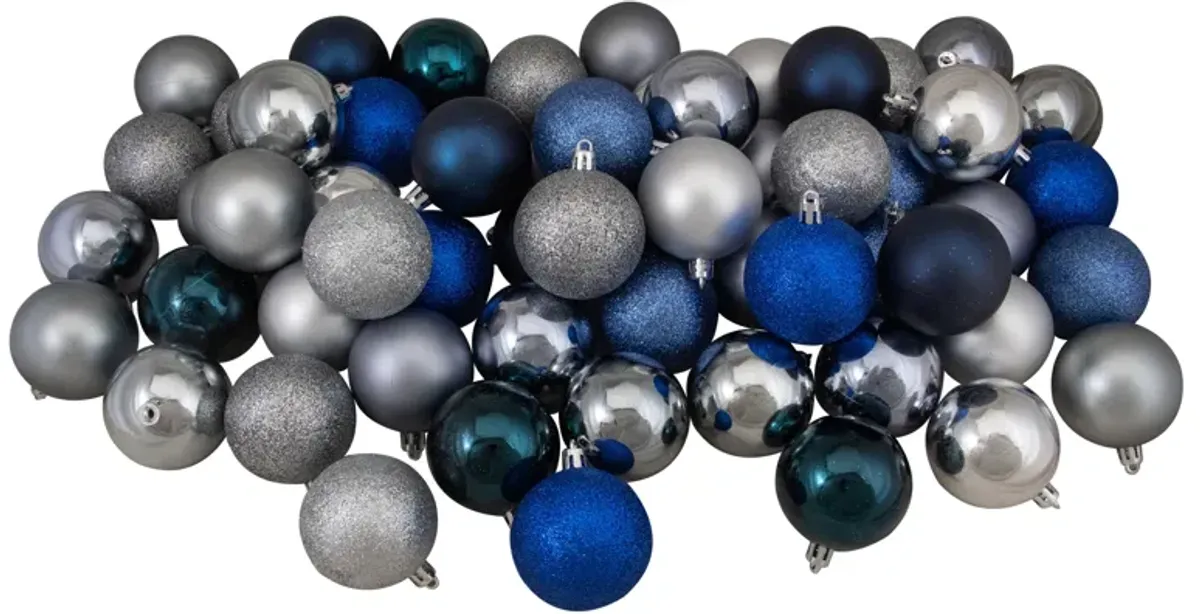 60ct Silver and Blue Shatterproof 3-Finish Christmas Ball Ornaments 2.5" (60mm)