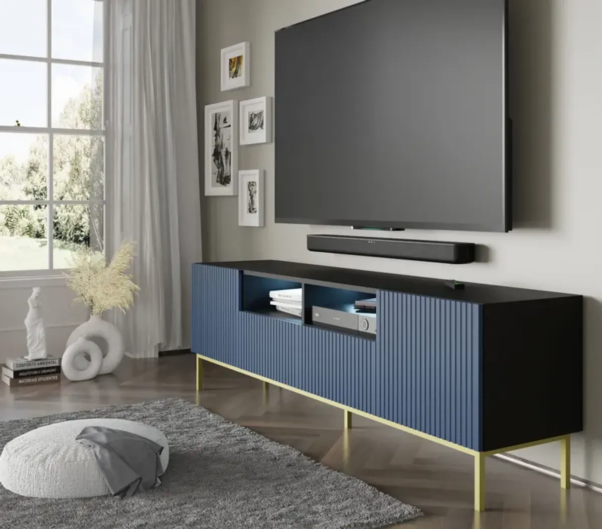 TV Stand RAVENNA B 79'' 2D2S Milled MDF Fronts White Matt with LED